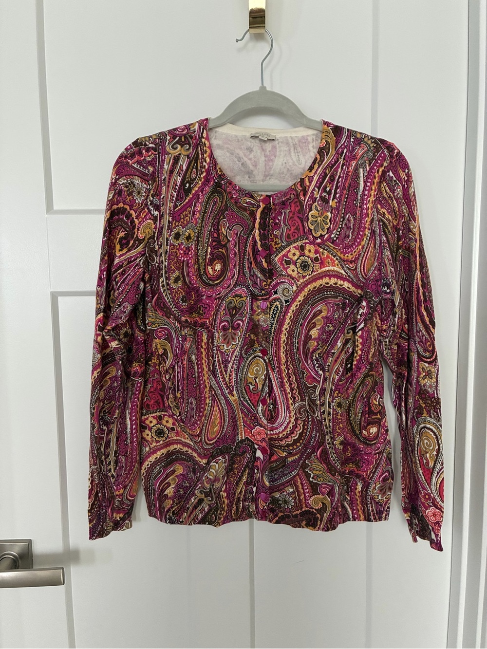 Talbots Pink Paisley Button-Front Long Sleeve Cardigan